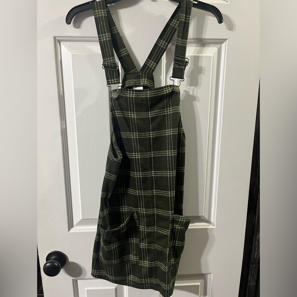 Green and black plaid overall dress